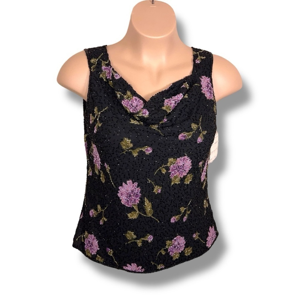 Vintage NEW XL Monroe And Main Beaded Sleeveless Cowl Neck Blouse Black Purple